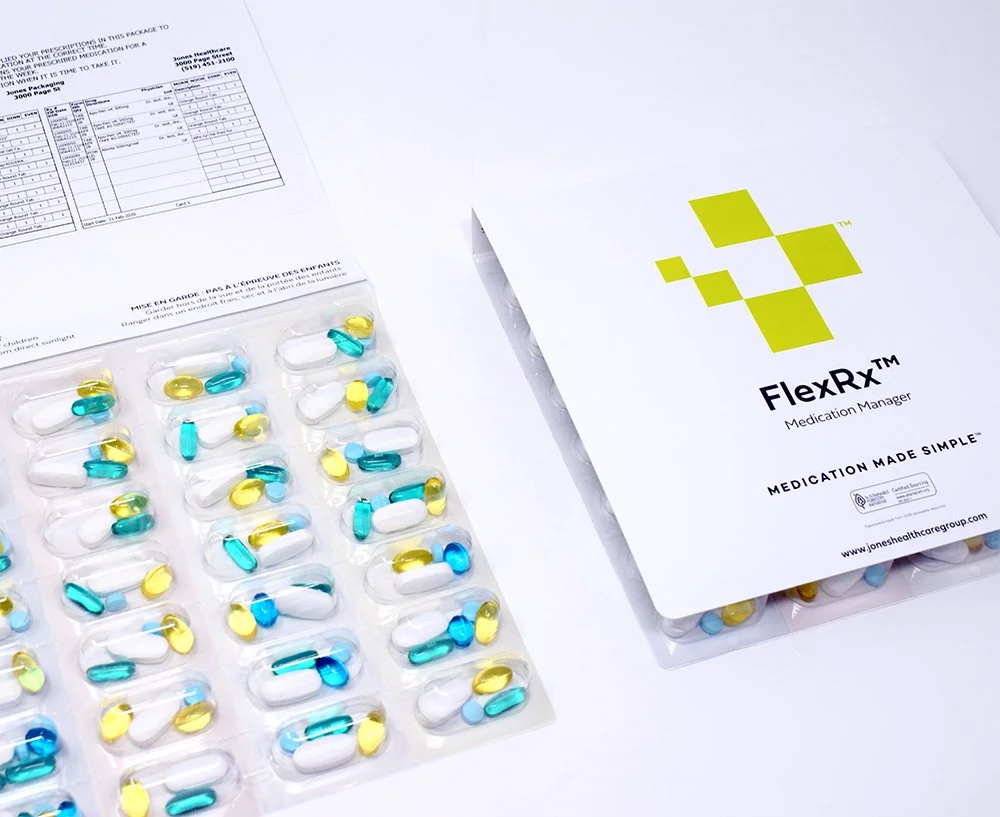 Medication adherence cards filled with various medication tablets and capsules.